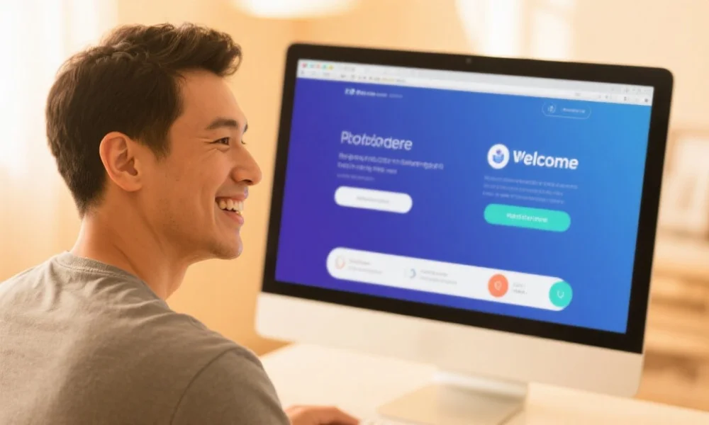 一名用户微笑着查看电脑屏幕，屏幕上显示娱乐平台的欢迎界面，背景温馨明亮