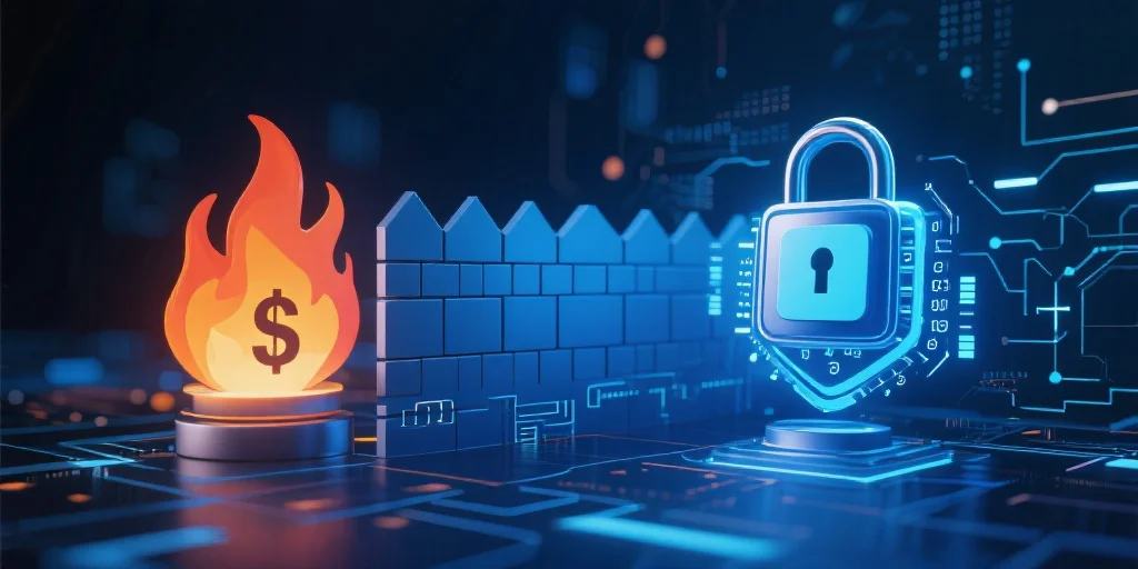 抽象风格的防火墙和数字锁，象征着网络数据和资金安全，背景为深蓝科技感