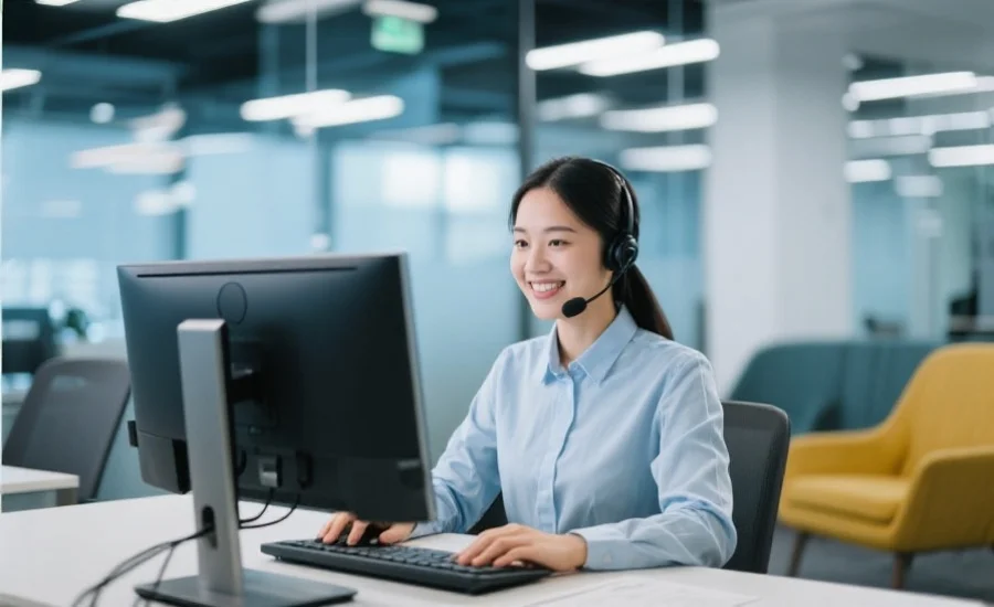 现代办公室环境中，一位客服人员微笑着通过电脑为用户提供在线帮助，背景显示出舒适且科技感十足的氛围