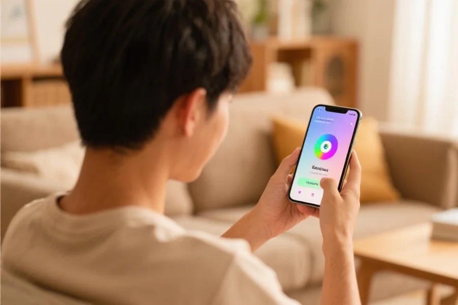 一位年轻用户在温馨的家中操作一款界面简洁、色彩柔和的娱乐应用，专注且愉快